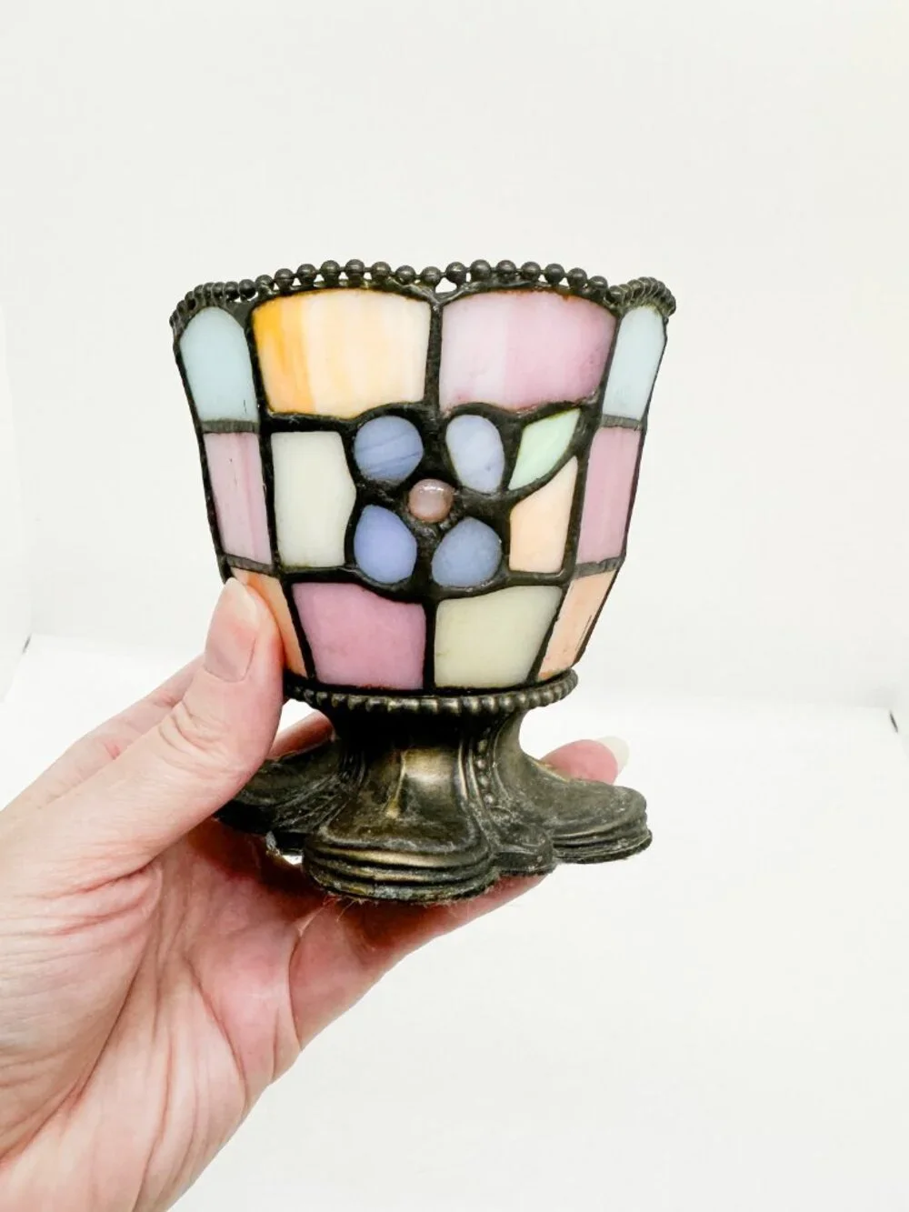 Vtg Partylite Tiffany Style Stained Glass Tea Light Floral Cottagecore Gothic - Picture 5 of 7